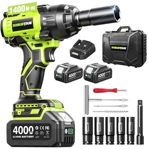Image of Robustrue 1400N.m (1032ft-lbs) Cordless Impact Wrench, 1 /2 inch Brushless High Torque Impact Gun, 11Pcs Tire Repair Kit, 2x4000 mAh Batteries, Fast Charger, Impact Driver for Car Home /Truck RV /Mower