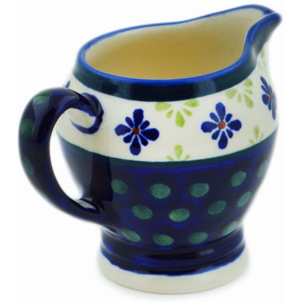 Authentic Polish Pottery Creamer in Green Gingham Peacock Design Handmade in Boles?awiec Poland + Certificate of Authenticity