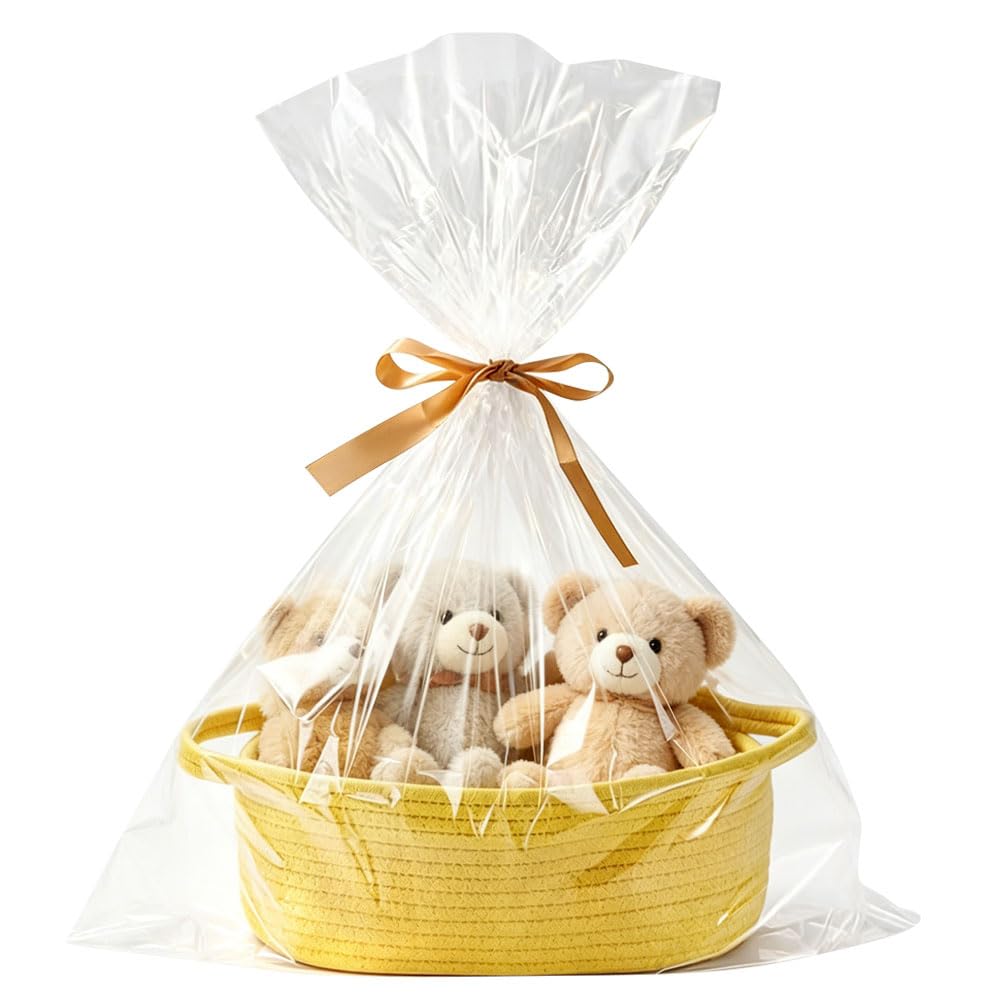 Gift Basket Hamper Kit, Gift Baskets Empty, Hamper Baskets for Gifts Empty with Cellophane Bags and Ribbon, Woven Gift Baskets for Baby Shower, Birthday,Christmas, 30 x 20 x 12cm (Yellow)