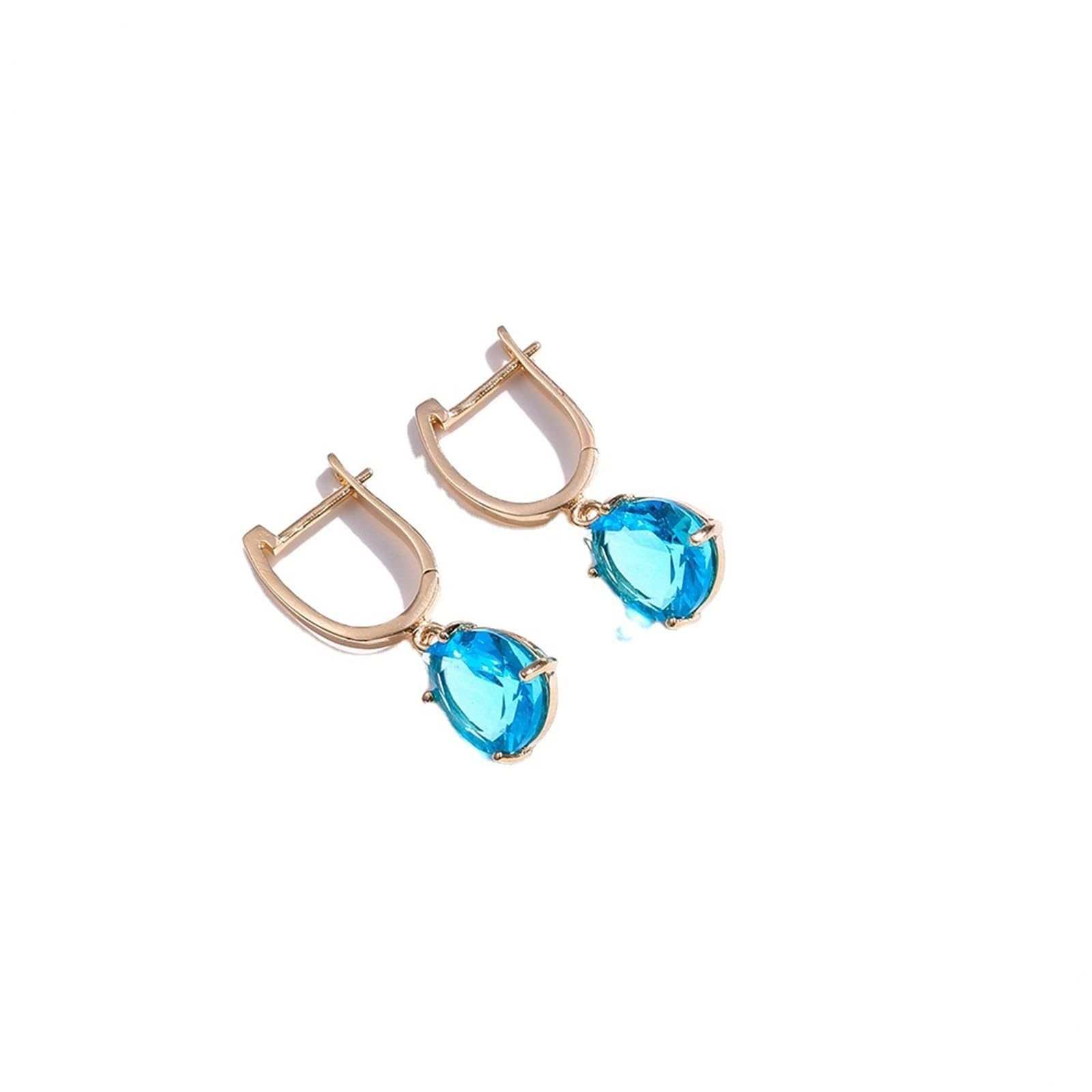 AMDXD Pendientes de aro para mujer de oro 375 de 9 quilates, pendientes de aro con topacio azul, corte de gota, creado en laboratorio, pequeños pendientes de oro amarillo de 9 quilates
