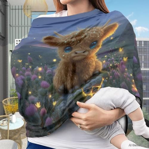 Image of Wanyint Car Seat Cover for Boys Girls, Nursing Carseat Canopy Baby Breastfeeding Cover Multi-Use Nursing Scarf Infant Stroller Cover, Highland Cow Night
