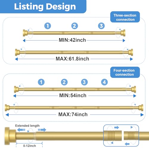 Image of 2Pack Shower Curtain Rod 45-77 Inch Gold Shower Rod Tension Rod Adjustable Curtain Rod No Drilling Tension Curtain Rod Shower Rods for Bathroom Tension Shower Curtain Rod