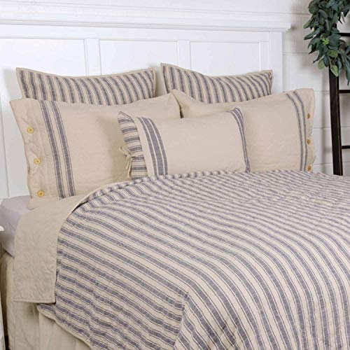 Piper Classics Market Place Blue Ticking Stripe Quilt, Luxury King, 105\" x 120\", Blue & Natural Cream Quilted Country Farmhouse Bedding - Thumbnail 2