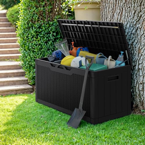 Image of Greesum 100 Gallon Resin Deck Box, Outdoor Storage with Cushion, Black