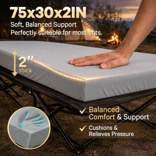 CYMULA Camping Cot Pad, Pad Only 2 Inch Memory Foam,Camping Pad for Folding Cot and Foldable Cot, Portable Roll Up Camp Gear for Car Camping Travel Tent, Non-Slip Waterproof Bottom, Removable Cover - Image 3