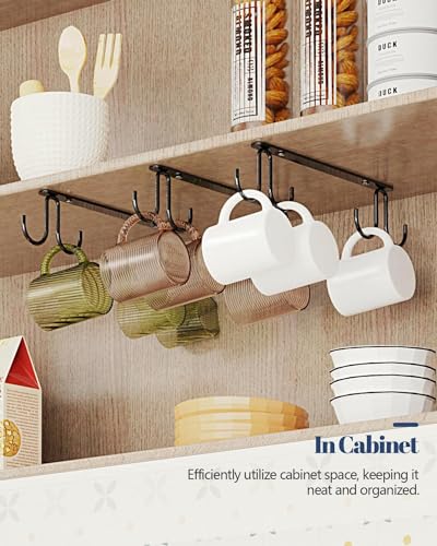 Image of Acrylic Design Art Mug Hooks Under Cabinet 3 Pack, Metal Cup Hooks for Hanging Under Shelf, Mug Organizer Rack with 12 Hooks for Displaying Mugs, Coffee Cups and Kitchen,Black