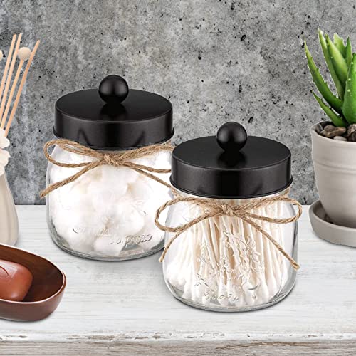 Suwimut 4 Pack Apothecary Jars Bathroom Storage Organizer, Cute Qtip Holder Vanity Glass Canisters Mason Jar with Lid for Cotton Swabs, Bath Salts, Makeup Sponges, Qtips, Hair Accessories (Black)
