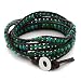 28" Blue/Green Beads on Dark Brown Leather Wrap Bracelet with Snap Button Lock
