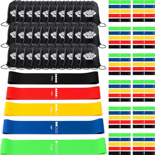 30-Set-Include-150-Pcs-Resistance-Bands-Bulk-with-30-Pcs-Drawstring-Backpack-Loop-Exercise-Bands-for-Gift-Gym-Members-Sports-Class-Students-Christmas-5-Pieces-Each-Set-with-Storage-Bag