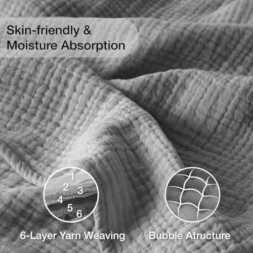 Image of 100% Cotton Muslin Blanket King 108 inch x 90 inch, 6 Layers Breathable and Lightweight Cotton Throw Blanket for Bed, Soft Quilt Bedspread Coverlet, Gauze Blanket for Adults All Season, Grey