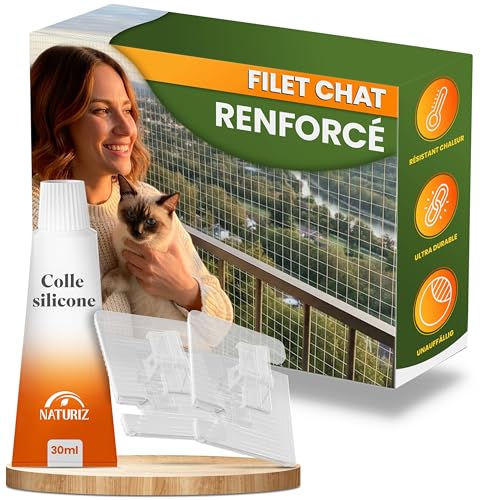 Naturiz Filet de protection pour chat pour balcon, sans perçage, 3 x 8 m, renforcé, en fil de fer, transparent/blanc, avec crochet adhésif, pour balcon et...