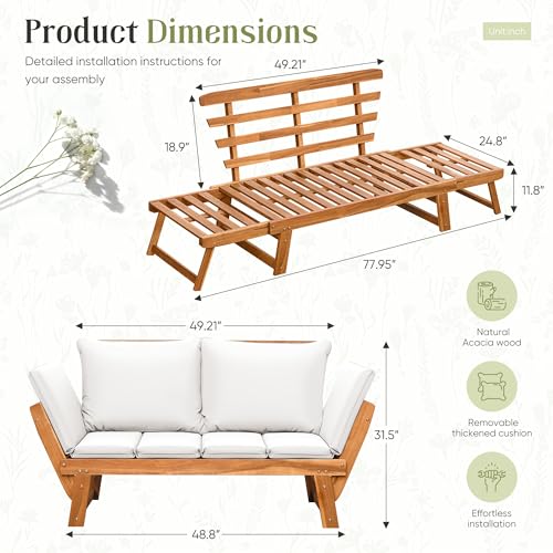 image for Flamaker Outdoor Couch with Adjustable Armrests, Acacia Wood Patio Lov