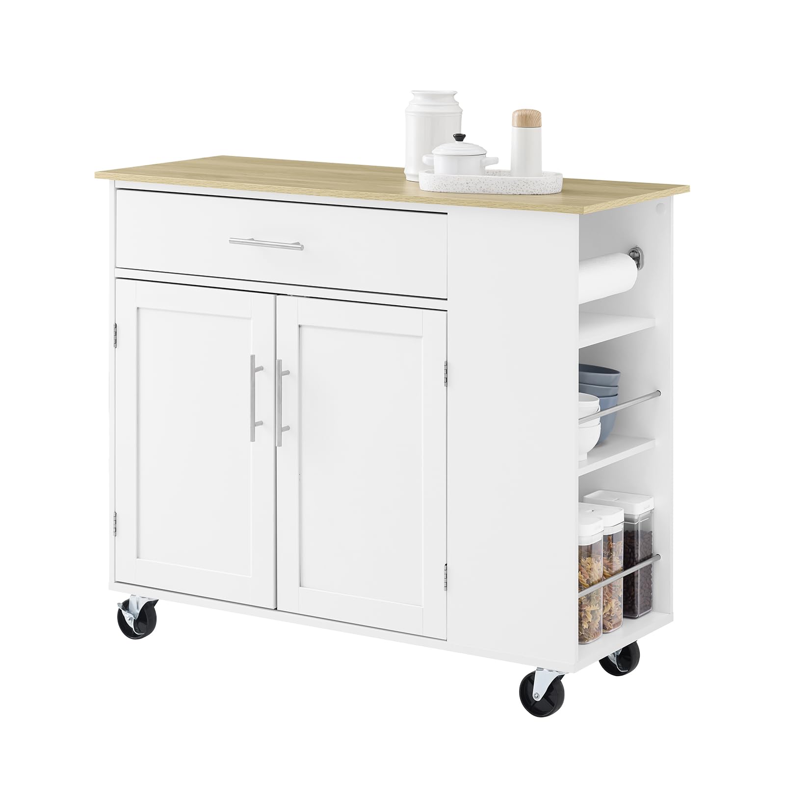 SoBuy Kitchen Island on Wheels Rolling Storage Trolley with Drawer and Adjustable Shelf Kitchen Cupboard Trolley Breakfast Bar with Storage for Dining Room White W99xD40xH85 cm FKW133-WN