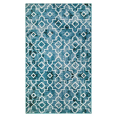 Wonnitar Moroccan Washable Area Rug - 3X5 Teal Distressed Entry Rug Living Room Modern Geometric Non-Slip Throw Rug Faux Wool Floor Carpet For Bathroom Laundry Bedroom Office Entrance Dining #TOP1