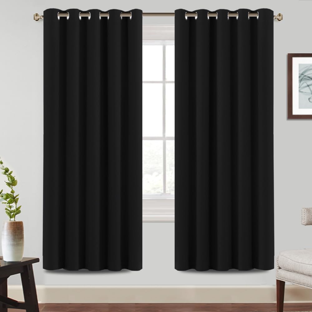 BellaHills 100% Blackout Curtains for Bedroom Thermal Insulated Blackout Curtains Heat and Full Light Blocking Eyelet Curtains for Living Room with Black Liner 2 Panels