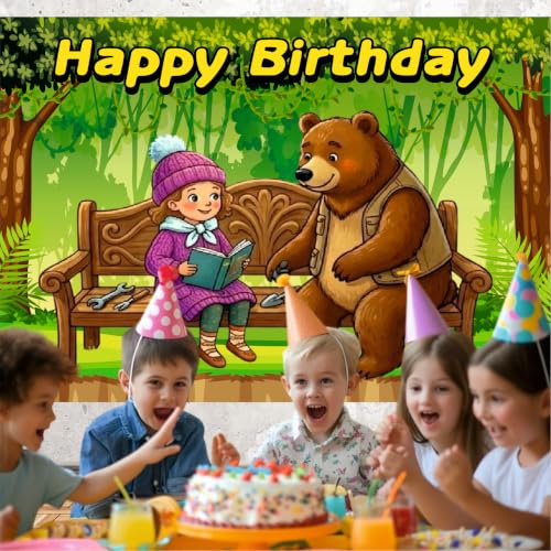 Image of Bear Theme Birthday Backdrop | Forest Friends Happy Birthday Banner | Cute Animal Party Decoration | Kids Photo Booth Background (Pack of 1, Size: 4x3 Feet)