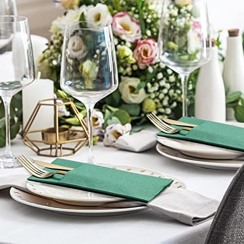 MORGIANA Disposble Green Paper Napkins Built-in Flatware Pocket,Linen Feel Green Napkins, Prefolded Cloth Like Guest Towels for Bathroom, Christmas, Wedding, Parties,Restaurant