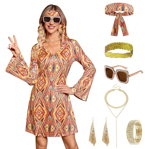 Womens Halloween Disco 1970s 70s Costume Sequin Sparkly Groovy Dresses Orange Red Diamond M