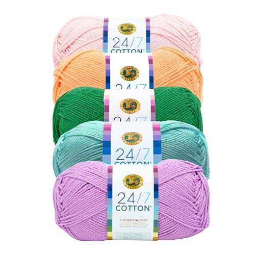 Lion Brand Yarn, 24/7 Cotton Mercerized Lightweight Yarn for Knitting, Crochet, and Crafts, Spring, 5 Pack, Multicolor Pack of Natural Fiber for Breathable Tops, Durable Bags, and Dish Cloths