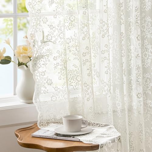 Woaboy Vintage Lace Curtains 63 Inches Length with Floral and Branch Pattern Elegant Romantic Sheer Light Filtering Lacy Drapes for Living Room Bedroom 52 x 63 Inch Ivory Set of 2 Panels