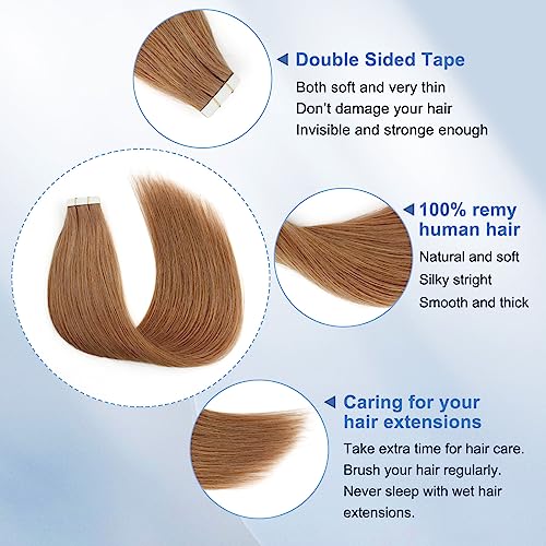 Image of Sixstarhair Invisible Tape In Hair Extensions Real Human Hair Medium Auburn Remy Tape Hair Extensions for Women Red Brown Extensions 20 Pieces 50g [Color #30 22 inch]
