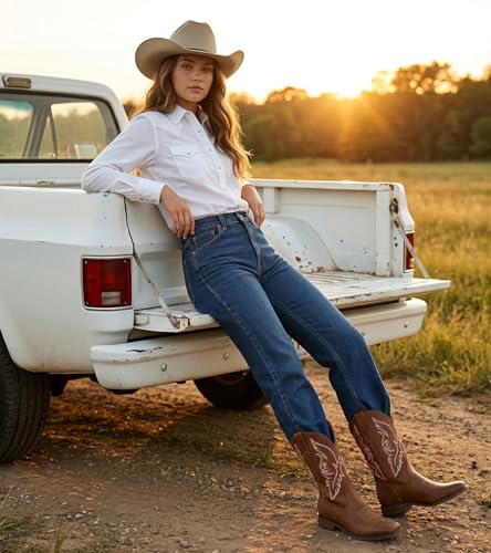 Image of IUV Cowboy Boots For Women Square Toe Western Boots Mid Calf Cowgirl Boot Pull On Embroidered Brown Boot