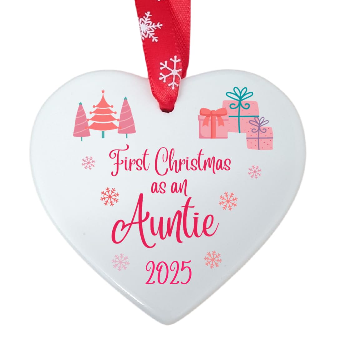 Second Ave Gift Company White,Red Second Ave First Christmas As An Auntie White Ceramic Hanging Heart Christmas Xmas Tree Decoration Bauble