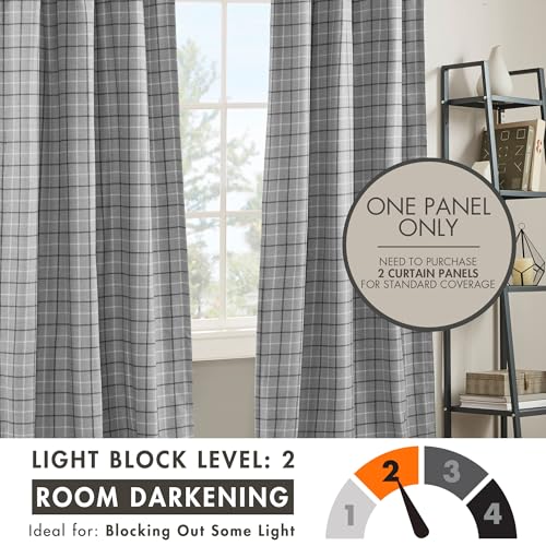 Image of Madison Park Anaheim Cabin Plaid Curtain Window, Thermal Insulated Fleece Lining, Living Room Decor Room Darkening Drape for Bedroom, 1-Single Panel Pack, 50x84 Faux Leather Tab Top, Grey