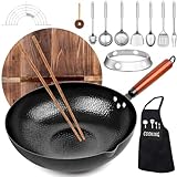 kaqinu 14 Pcs Carbon Steel Wok Pan, 12.6'' Woks & Stir-Fry Pans Set with Wooden...