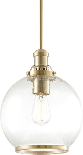 Kira Home Jolie - Lámpara colgante industrial de granja de 14 pulgadas + pantalla de cristal de globo martillado, altura ajustable, acabado de latón