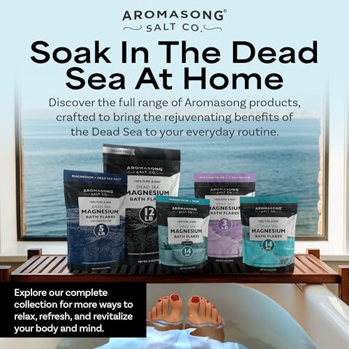 Aromasong Magnesium Flakes from The Dead Sea, 12 LB Resealable Black Bag - Muscle Relaxing Magnesium Chloride Bath Salts Soak for Headaches, Stress & Leg Discomfort