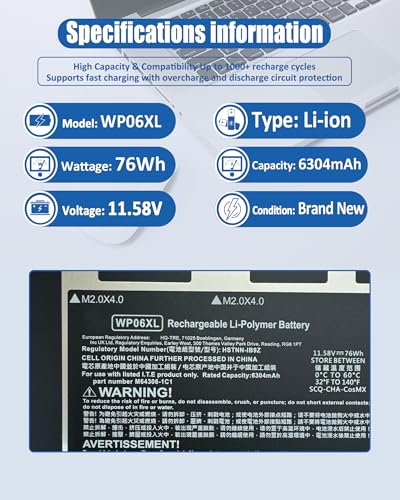 Image of 76Wh WP06XL M73470-005 Battery Replacement for Hp Elitebook 830 835 840 845 860 865 G9 /G10, Elitebook X360 1040 G9 /G10, ZBook Firefly 16 G9 /G10 Series M64308-171 - 11.58V 6304mAh 3-Cell