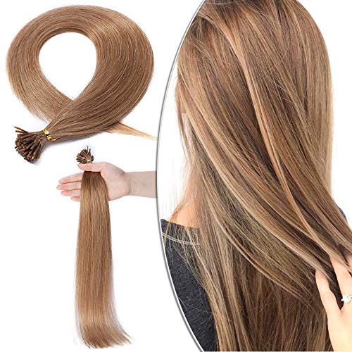 Elailite Extensiones Queratina Pelo Natural 100 Mechas I Tip queratina 100% Remy Cabello Humano Pre-Enlazado Sin Clip 50g 50cm #12 Castaño Dorado