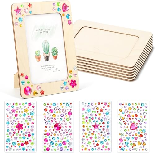 comvastars Lot de 6 cadres photo en bois à peindre, pour enfants, 14 x 19 cm, cadre photo avec 12 couleurs d'eau, strass et autocollants 3D, kit créatif à...