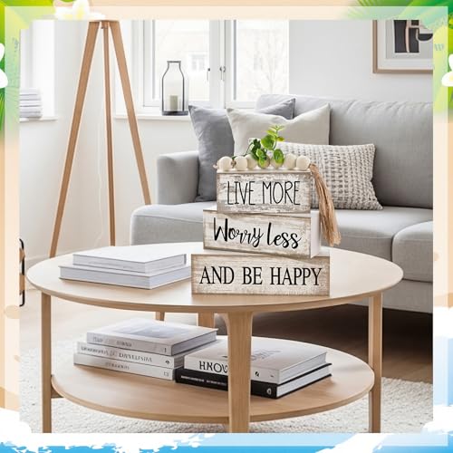 Image of Moucuny 4 Pcs Inspirational Farmhouse Table Decor Rustic Stacked Wooden Block Sign - Live More Worry Less Be Happy Centerpieces Set with Beaded Tassel and Artificial Plant for Home, Office, Shelf Gift