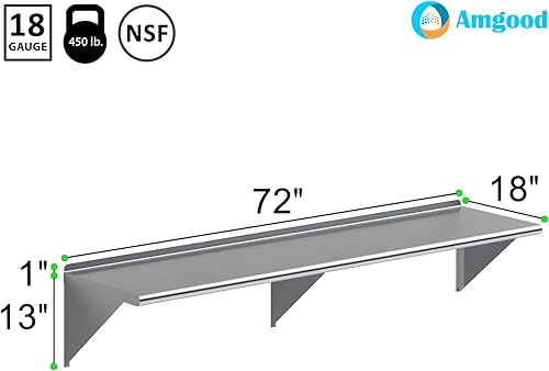 Vista 384 de AmGood Estante de pared de acero inoxidable de 60 pulgadas de largo x 8 pulgadas de profundidad Certificado NSF Estantería de metal