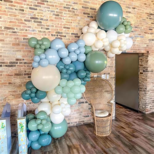 Image of Sage Green Dusty Blue Balloon, Boho Baby Shower Bridal Shower Party Balloon | 12Inch Light Green Blue Sand White Latex Balloons for Jungle Safari Bear Theme Birthday Wedding Anniversary Party Decorations