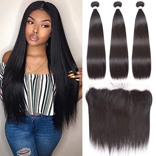 IFLY Tissage Bresilien en lot avec Closure Frontale 8A Grade Human Hair Bundles Cheveux Tissage Bresilien Lisse avec Grammes 13 x 4 en dentelle Closure(14 16 18+12pouces)