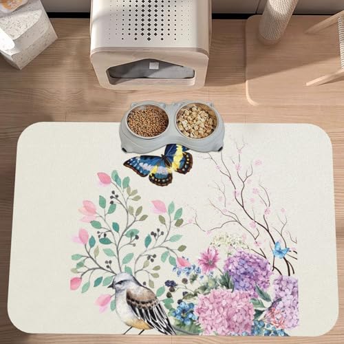Colorful Flowers Bird and Butterfly Absorbent Dog Mats for Food and Water Waterproof Pet Bowl Liner Anti-Slip Dog Feeding Mats Quick Dry Pet Placemat to Protect Floors