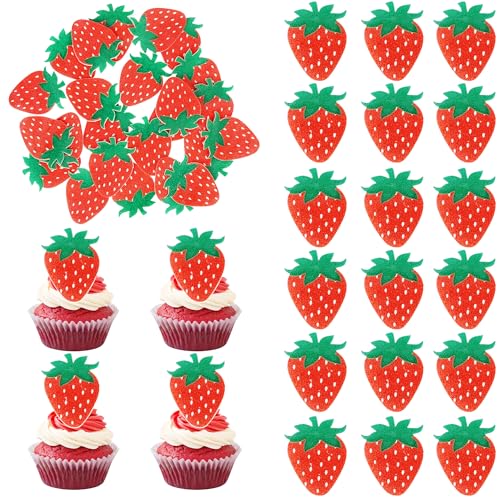 Rsstarxi 60 Pack Edible Strawberry Cupcake Toppers Rice Paper Red Strawberry Sweet Fruit Cupcake Picks for Baby Shower Kids Birthday Party Cake Decorations Supplies