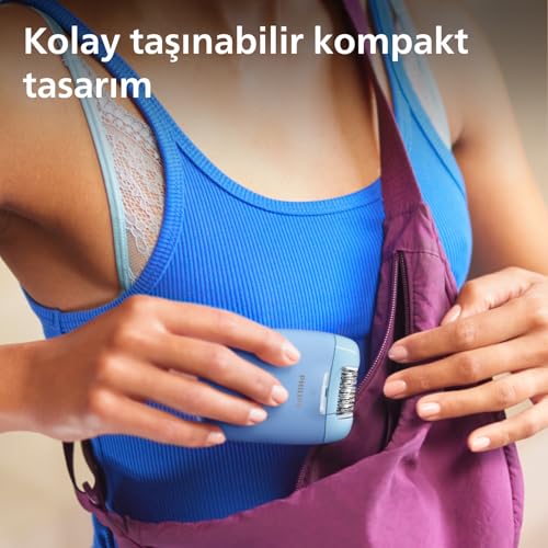 Philips Epilasyon Cihazı, Taşınabilir Kompakt Tasarım, LED Işıklı Yıkanabilir Başlık, Masaj ve Tıraş Başlığı, Peeling Eldiveni Hediyeli, 4 Haftaya Kadar Pürüzsüzlük, Açık Mavi Renk, BRE247/05