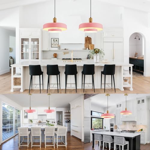 Image of Pink 2 Tier Saucer Hanging Pendant Lamp Adjustable Ceiling Fixture | Solid Wood Pendant Light, Gold Canopy, 150cm Adjustable Cord, E26, Fits Flat /Sloped /Arched Ceilings for Kitchen Island