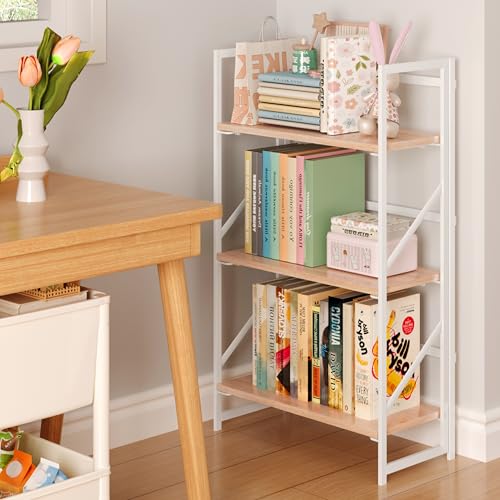 Image of JSB 3 Tier No Assembly Folding Bookshelf, Industrial Metal Book Shelf for Storage, Vintage Wood Foldable Bookcase for Living Room, Bedroom, Office Organization Shelves