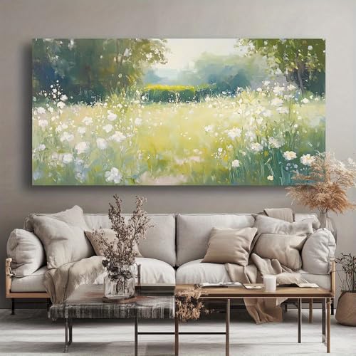 Tableau abstrait prairie de fleurs blanches 70x160cm pour décoration salon moderne