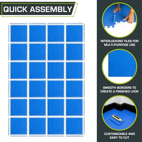 Image of ProsourceFit Exercise Puzzle Mat 1 /2-inch, EVA Interlocking Foam Floor Tiles for Home Gym, Workout Equipment, Kids Play Areas, Blue, 96 SQ FT - 24 Tiles