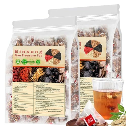 Ginseng Five Treasure Tea, Natural Herbal Ginseng Tea Bags, Traditional Chinese Teas Bags (50 Bags/2 Pack)