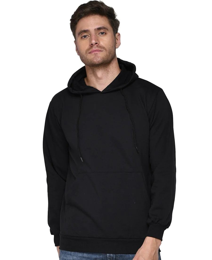 MOSAJCMen's Solid Full Sleeve Black Sweatshirt Hoodies-Plane