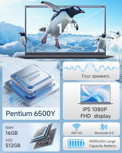 Image of Laptop Computer, 16GB RAM 512GB SSD, Pentium 6500Y Processor (Up to 3.4GHz), 14'' 1080P FHD IPS Display, 5000mAh Battery, WIFI5, BT5.0, Laptops for Students & Business