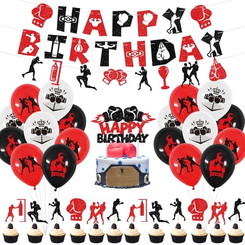 Obussgar Décorations de fête d'anniversaire de boxe – Bannière d'anniversaire scintillante pour sports de combat, lutte, fournitures de fête à thème de match de boxe pour fête d'anniversaire