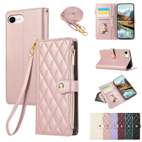 iPhone 17e 用 ケース 手帳型 iPhone 16e スマホケース ショルダー あいふおん17eケース ひし形柄 人気 女性 アイフォン17e ケース 肩掛け iphone16e カバー カード収納 ジップ付き財布 横置き機能 シンプル お洒落 携帯カバー (ローズピンク)